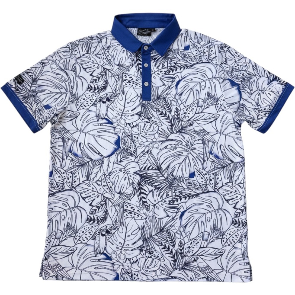 Sunday Swagger Mens Tropical Parrot Print Golf Polo Shirt Blue White Large Logo